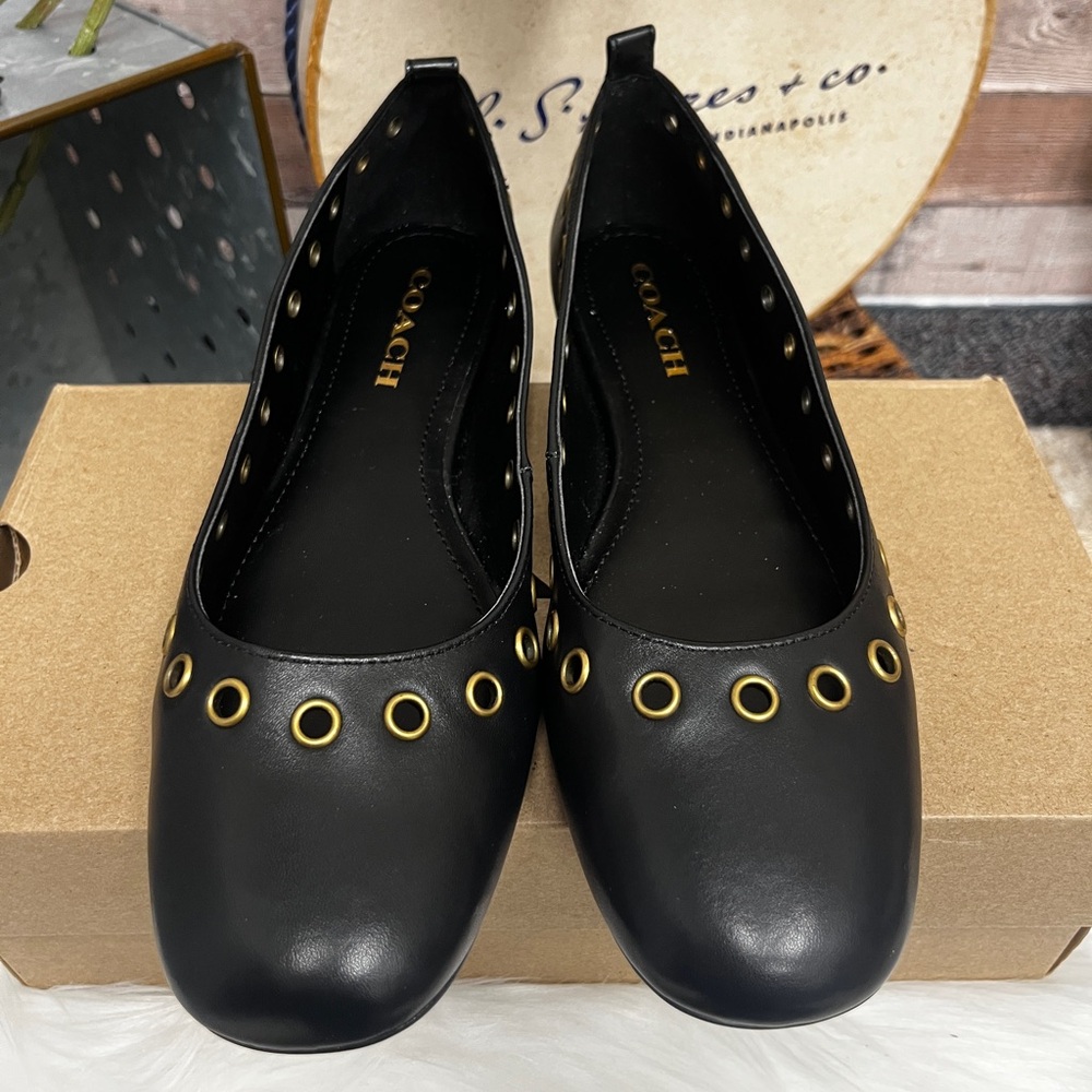 Coach Black Leather Grommet Detail Ballet Flats - Picture 4 of 5